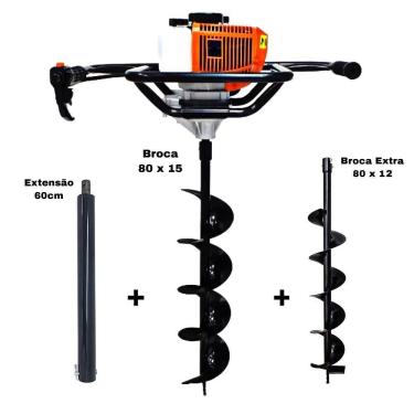 Imagem de KIT Perfurador de Solo Vulcan VPS520-S 2T 52CC 2,5HP com Broca 80x15cm + Broca Extra 80x12cm + Extensão Extra 60cm com Pino Trava