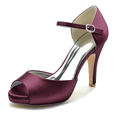 Imagem de Sapatos de noiva stiletto sapatos femininos scarpin marfim salto alto peep toe fivela sapatos sociais 36-42,Burgundy,5 UK/38 EU