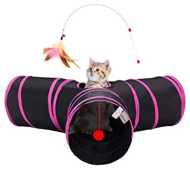 Imagem de Túneis dobráveis para gatos de 3 vias Tempcore Brinquedos para gatos internos, com furo de espiada e bola, perfeitos para gatinhos e coelhos