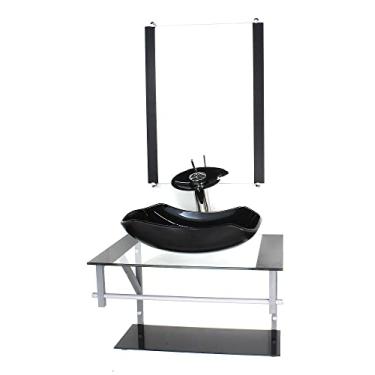 Imagem de GABINETE DE VIDRO PARA BANHEIRO 60CM AC CUBA ABAULADA PRETO COM TORNEIRA CASCATA