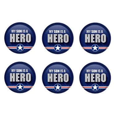 Imagem de Beistle 6 peças Patriotic My Son is A Hero Metal Party Buttons USA 4th of July Decorações Acessórios de fantasia, 5 cm, vermelho/branco/azul/cinza