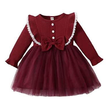 Imagem de Vestido infantil infantil para meninas outono inverno manga longa laço malha tule vestido princesa roupas de festa (vermelho, 6-9 meses)