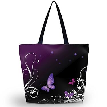 Imagem de newplenty Sacolas de praia, bolsa de viagem, bolsa de compras, com zíper, dobrável, impermeável, bolsa noturna, Borboleta roxa, One Size, Sacola