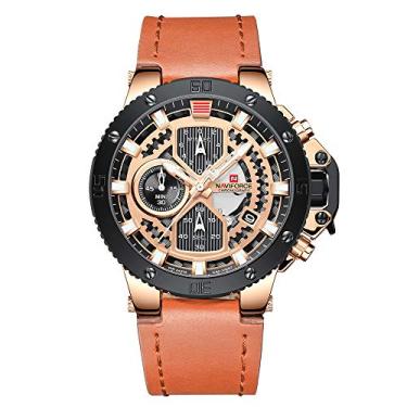 Imagem de Relógio esportivo masculino NAVIFORCE com pulseira de couro militar de luxo e quartzo à prova d'água com data, Esportes, Marrom