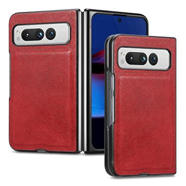 Imagem de Capa de couro genuíno para Google Pixel Fold, capa antiqueda com tudo incluído, capa traseira de couro de vaca de camada superior leve e proteção fina, vermelha