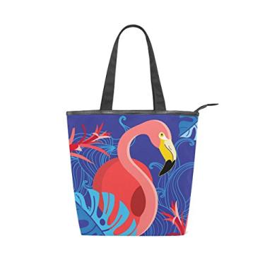Imagem de Bolsa feminina de lona durável tropical vermelho flamingo azul grande capacidade sacola de compras bolsa de ombro