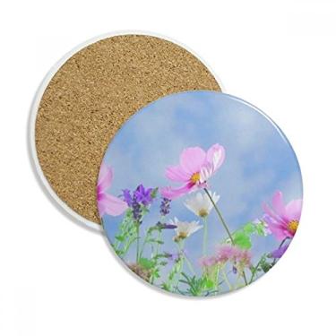 Imagem de Fundo azul, roxo, rosa, flores, copo, copo, copo, copo, proteção de mesa, pedra absorvente