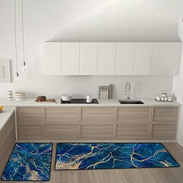 Imagem de Tapetes de cozinha abstrato azul mármore dourado glitter antiderrapante conjunto de 2 tapetes de cozinha, tapete confortável antifadiga para sala de jantar, lavanderia, escritório