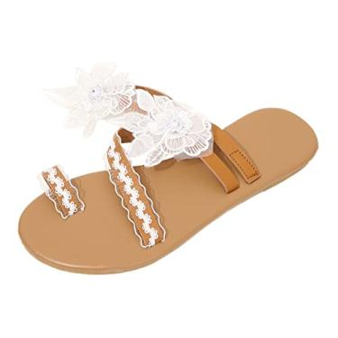 Imagem de CsgrFagr Sandálias femininas modernas sem cadarço floral sandálias de noiva Boho sandálias de praia sandálias anabela para mulheres memória, Branco, 9
