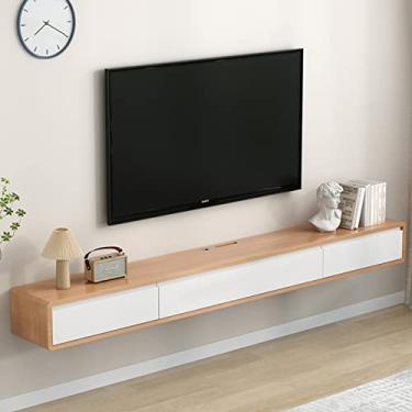 Imagem de JUNNIU Unidade de TV montada na parede Prateleira flutuante com 2 gavetas, console de mídia montado na parede centro de entretenimento, prateleira flutuante de armazenamento multimídia para sala de estar quarto/a/decoração de 140 cm