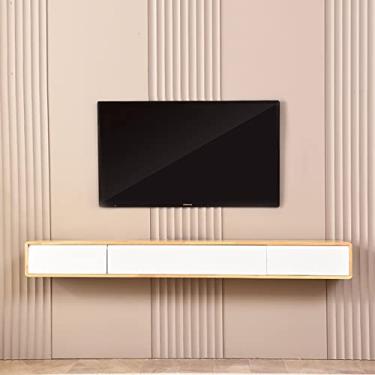 Imagem de JUNNIU Unidade de TV montada na parede, suporte de TV flutuante de 55,1 polegadas, console de mídia central de entretenimento montado na parede com 2 gavetas, prateleira de armazenamento multimídia para sala de estar, quarto com orifício para cabo, espaço de armazenamento duplo
