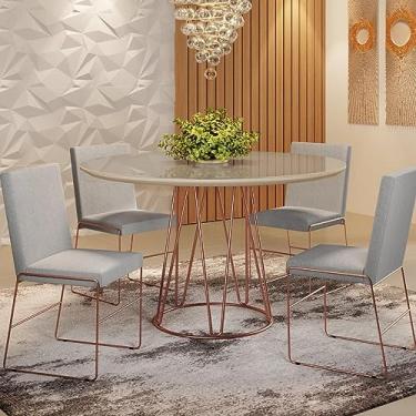 Imagem de Conjunto Sala de Jantar Mesa 110cm Tampo Mdf Laqueado/vidro com 4 Cadeiras Dubai Mais Decor Linho Cinza Claro/cobre/off White