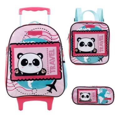 Imagem de Kit Mochila Rodinhas Lancheira Estojo Xeryus Panda Rosa