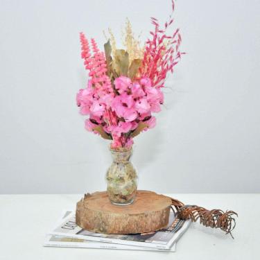 Imagem de Arranjo de flores desidratadas petit bounganville rosa + vaso de vidro