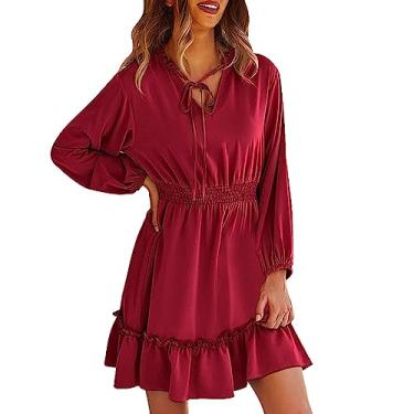 Imagem de Vestido feminino de cor sólida com decote em V, manga comprida, evasê, casual, coquetel, vestido casual para mulheres, Vermelho, GG