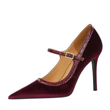 Imagem de YGJKLIS Sapato feminino com fivela de tornozelo salto alto 10 cm camurça stiletto bico fino sapatos de noiva, Vinho tinto, 4.5