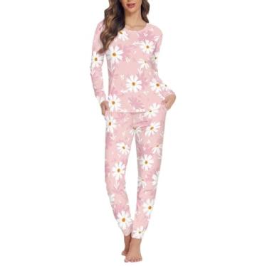 Imagem de Gzzxiailg Conjunto de pijama feminino de 2 peças macio de manga comprida com bolsos pijama de duas peças para casa tamanho PP-6GG, Margarida, 6X-Large
