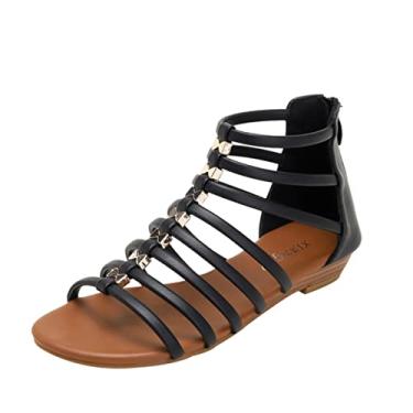 Imagem de Sandálias femininas de verão sapatos rasos femininos estilo boêmio chinelos praia sapatos casuais salto baixo anabela sapatos femininos, Preto, 41 M EU