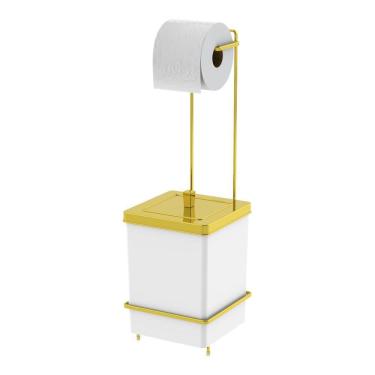 Imagem de Suporte Porta Papel Higiênico Com Lixeira Quadrada 6,5 Litros De Banheiro Branco Dourado - 1632BCD Future