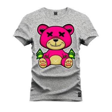 Imagem de Camiseta Plus Size Premium Malha Confortável Estampada Urso Rosa X Cinza G1