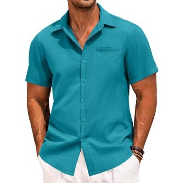 Imagem de COOFANDY Camisa masculina casual de linho camisa de manga curta com botão camisa havaiana de verão praia, Azul-petróleo, M