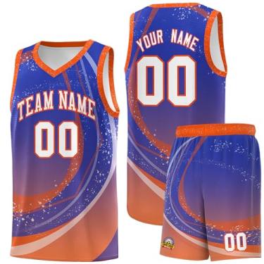Imagem de Camiseta de basquete personalizada - Número do nome do time personalizado uniforme esportivo para homens mulheres jovens, Azul royal e laranja-16, One Size