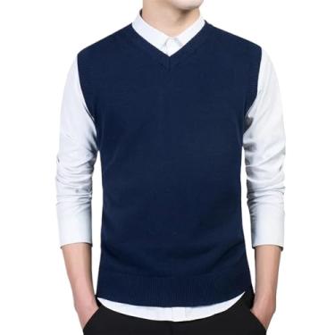 Imagem de Suéter de algodão masculino manga longa cardigã masculino gola V suéter solto sólido botão ajuste tricô estilo casual, Colete azul marinho, X-Large