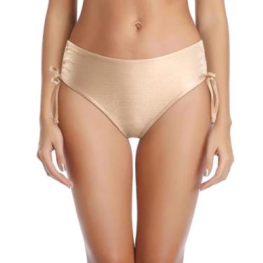 Imagem de Tempt Me Parte de baixo de biquíni feminina laço lateral ajustável maiô cobertura total calcinha de natação, Dourado, GG