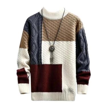 Imagem de Suéter masculino casual outono inverno quente diamante patchwork pulôver gola redonda suéter tricotado roupas masculinas, Branco, G