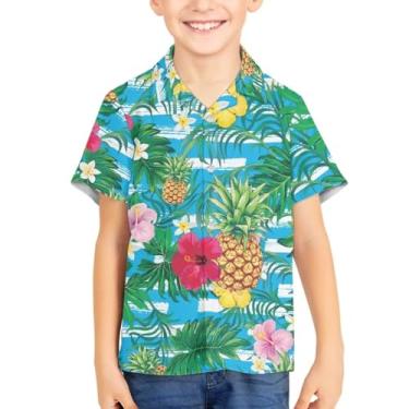 Imagem de Camisetas havaianas com botões de botão para verão unissex infantil manga curta camisa social 3-16 anos Tropical Aloha Shirts, Flor de abacaxi, 15-16 Years
