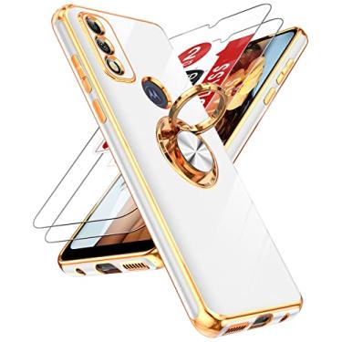Imagem de LeYi Capa para celular Motorola G Pure, capa para Moto G Power 2022 com protetor de tela de vidro temperado [2 unidades] Suporte magnético giratório de 360°, capa protetora com borda de ouro rosa, branca