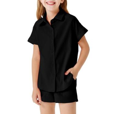 Imagem de Haloumoning Conjuntos curtos de verão para meninas, camisas de botão e shorts com bolsos, roupas de 2 peças de 5 a 14 anos, Preto, 9-10 Anos