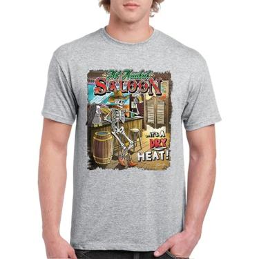 Imagem de Camiseta masculina Hot Headed Saloon But its a Dry Heat Funny Skeleton Biker Beer Drinking Cowboy Skull Southwest, Cinza, 5G