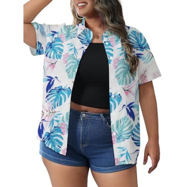 Imagem de HDLTE Camisetas femininas havaianas plus size estampa tropical floral gola V verão blusas de botão 1x-5x, Branco, 3X