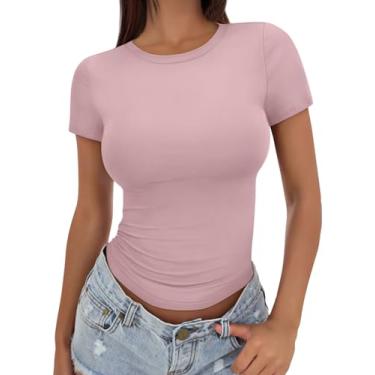 Imagem de Trendy Queen Camisetas femininas de manga curta gola redonda verão básica slim fit justa Y2k Crop Tops, Rosa claro, GG