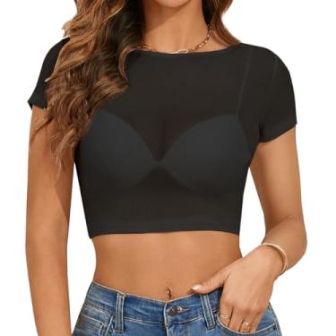 Imagem de Kintarkee Top de malha transparente para mulheres, gola redonda, renda floral, sexy, camiseta transparente, E-preto (manga curta), G