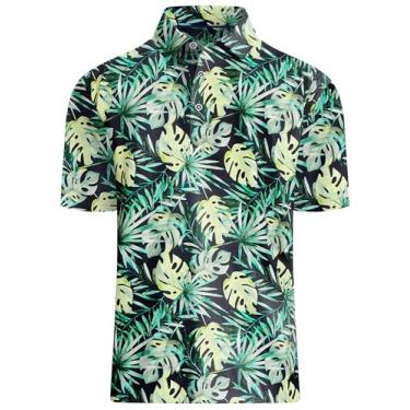 Imagem de Camisa polo atlética masculina de manga curta com absorção de umidade e ajuste seco, Folhas verdes pretas, M
