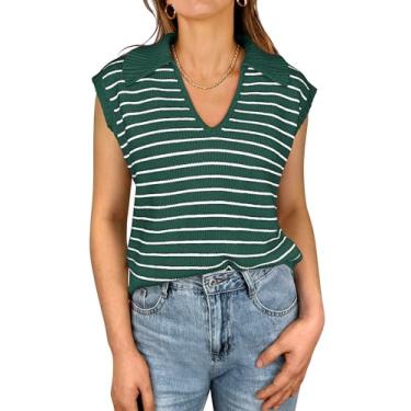Imagem de ANRABESS Suéter feminino listrado sem mangas polo gola V malha regata cropped 2024 roupas modernas de verão, Listra branca verde, M