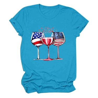 Imagem de Camisetas femininas PKDong de 4 de julho com gola redonda, manga curta, dia independente, estampada, taças de vinho, camisetas de verão 2024, Azul-celeste, P