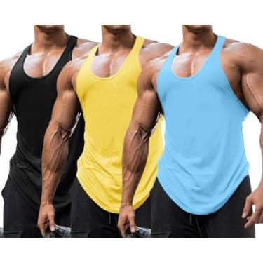 Imagem de Babioboa Pacote com 3 regatas masculinas para ginástica e treino nas costas em Y, camisetas sem mangas para musculação, Amarelo claro/azul claro/preto - pacote com 3, P