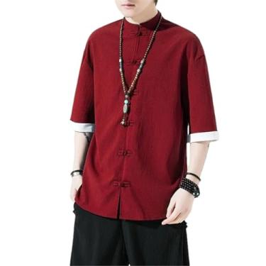Imagem de Camiseta masculina de algodão e linho de manga curta masculina estilo chinês gola mandarim slim camisetas masculinas de verão, Vermelho, PP
