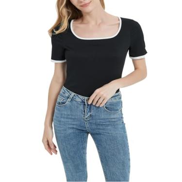 Imagem de Camiseta feminina de manga curta de malha de verão gola quadrada 2024 blusa casual moderna, Preto, P