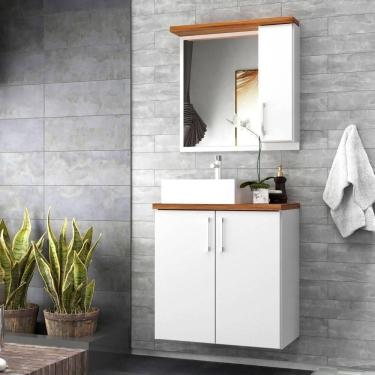 Imagem de Gabinete Para Banheiro Com Cuba E Espelho Organico 60cm Mdf Nogal Com Branco Paris - On Móveis