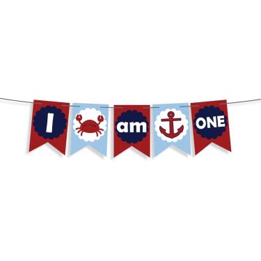 Imagem de I Am One Banner Âncora Náutica ou Faixa de Caranguejo para Decorações de Primeiro Aniversário de Bebê Lembranças de Menino Bandeira de Cadeira Alta Náutica Bandeira de Bolo Smash Sinal de Caranguejo