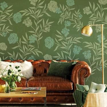 Imagem de Estêncil de ramo de folha de rosa de 40 cm, tinta mandala, grande para paredes, grande decoração, modelo de móveis, nicho, piso de parede, azulejo, decoração, modelos, sementes, reutilizáveis