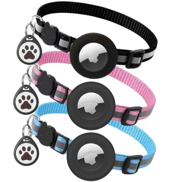Imagem de Pacote com 3 coleiras para gatos AirTag, coleira reflexiva para gatinhos com suporte para Apple Air Tag e sino para meninas, meninos, 0,4 polegadas de largura e leve + etiqueta de gato (3 coleiras e