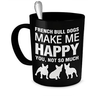 Imagem de DogsMakeMeHappy Caneca de Cerâmica 11 OZ - Buldogue Francês - 445 ml - Segura para Micro-ondas - Preta com Desenho de Buldogue Francês
