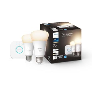 Imagem de Philips Hue Kit inicial de luz branca inteligente - Inclui uma (1) ponte e (2) lâmpadas LED brancas A19 de 75 W - Controle com aplicativo - Funciona com Alexa, Google Assistant e Apple HomeKit
