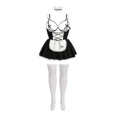 Imagem de WDIRARA Women's Plus Size 5 Piece Maid Roleplay Lingerie Set Teddy Halloween Costume Hollow Lace Bow Nightdress Black and White XX-Large Plus