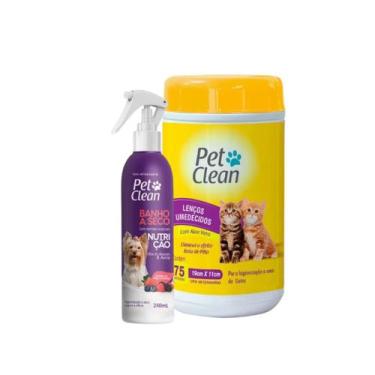 Imagem de Kit Banho Seco Nutrição + Lenço Umedecido Pet Gato Cachorro - Pet Clea